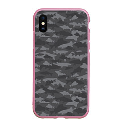 Чехол iPhone XS Max матовый Тёмный камуфляж из рыб, цвет: 3D-розовый