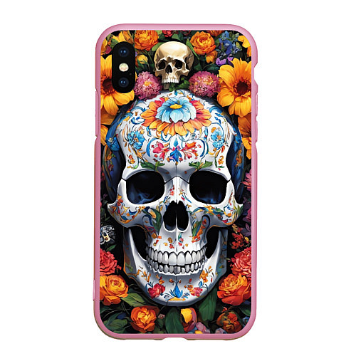 Чехол iPhone XS Max матовый Bright colors and a skull / 3D-Розовый – фото 1