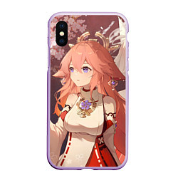 Чехол iPhone XS Max матовый Genshin Impact Яэ Miko smile kitsune, цвет: 3D-сиреневый