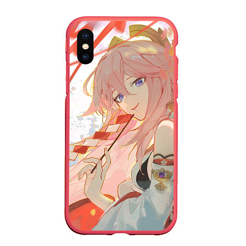 Чехол iPhone XS Max матовый Genshin Impact Яэ Miko smile kitsune / 3D-Красный – фото 1