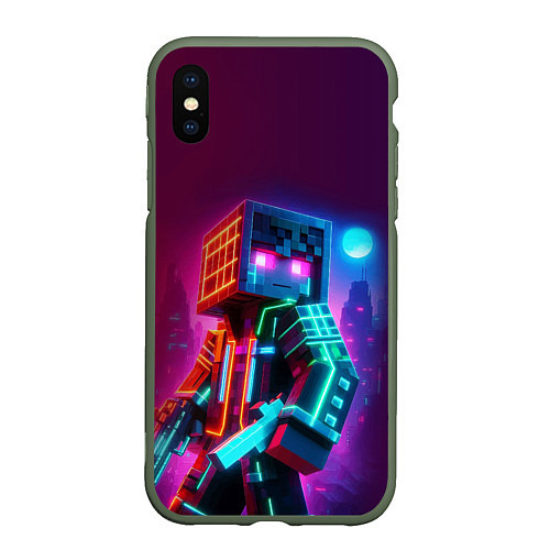 Чехол iPhone XS Max матовый Cyberpunk and Minecraft - collaboration ai art / 3D-Темно-зеленый – фото 1