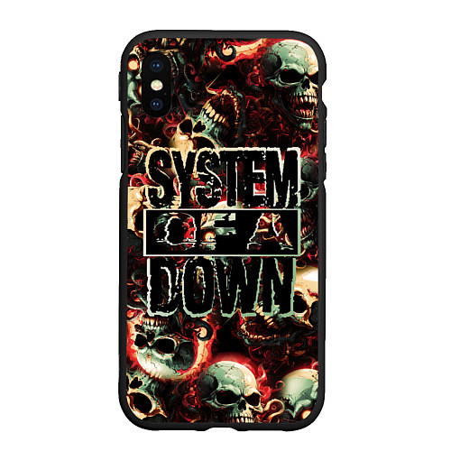 Чехол iPhone XS Max матовый System of a Down на фоне черепов / 3D-Черный – фото 1