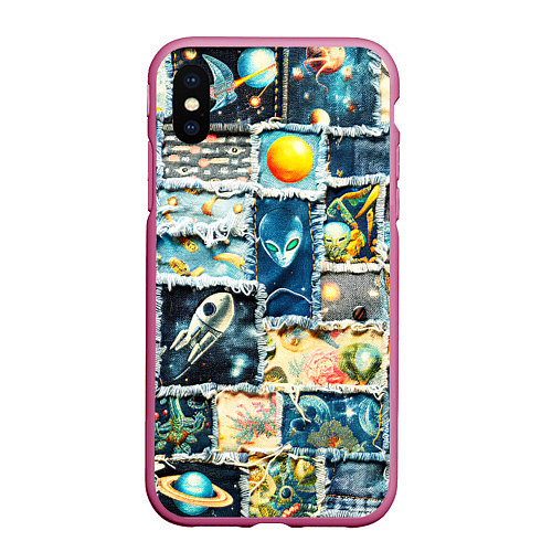 Чехол iPhone XS Max матовый Космические обитатели - пэчворк / 3D-Малиновый – фото 1