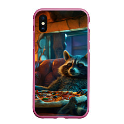 Чехол iPhone XS Max матовый Енот с пиццей на диване, цвет: 3D-малиновый