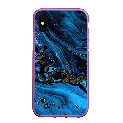 Чехол iPhone XS Max матовый Черные и синие сияющие волны / 3D-Фиолетовый – фото 1