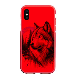 Чехол iPhone XS Max матовый Рисунок волка на красном, цвет: 3D-красный