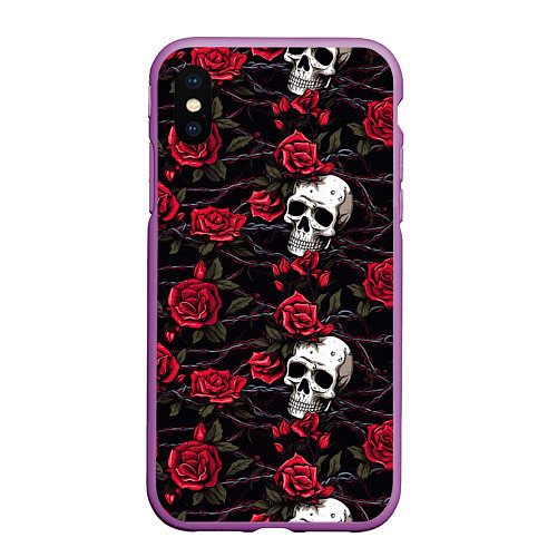 Чехол iPhone XS Max матовый Черепа с алыми розами / 3D-Фиолетовый – фото 1