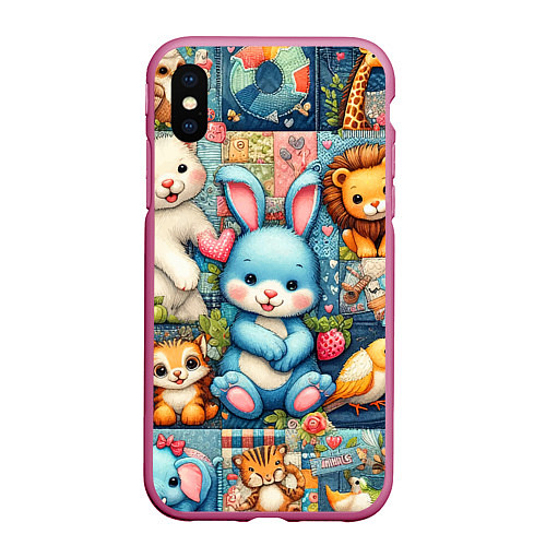 Чехол iPhone XS Max матовый Funny hare and his friends - patchwork / 3D-Малиновый – фото 1