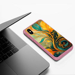 Чехол iPhone XS Max матовый Золотые и бирюзовые листья абстракция, цвет: 3D-малиновый — фото 2