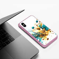 Чехол iPhone XS Max матовый Бирюзово голубая абстракция, брызги краски на бело, цвет: 3D-розовый — фото 2