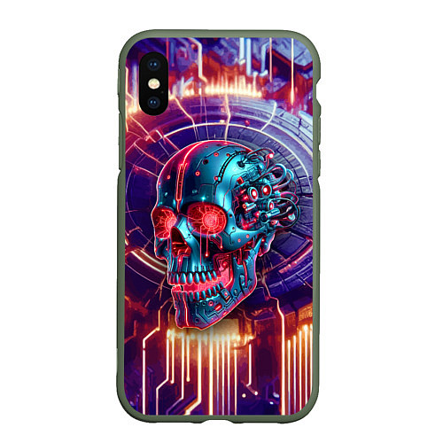 Чехол iPhone XS Max матовый Cyber art skull - steel metal / 3D-Темно-зеленый – фото 1