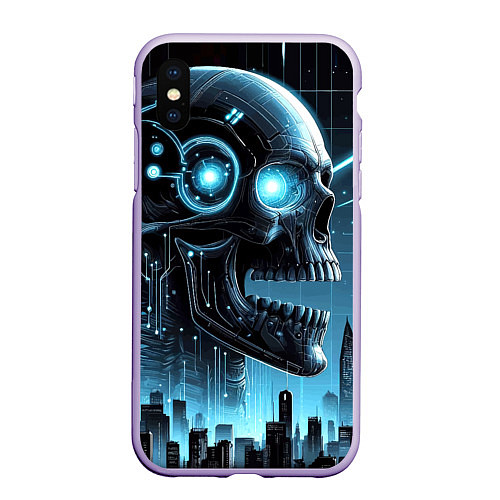 Чехол iPhone XS Max матовый Cyberpunk skull - metropolis neon glow / 3D-Светло-сиреневый – фото 1