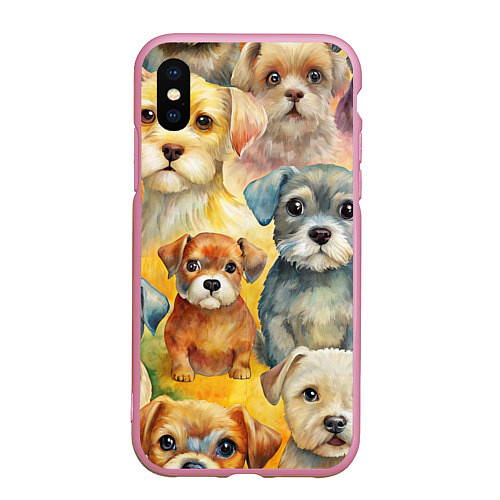 Чехол iPhone XS Max матовый Красочный паттерн с щенками / 3D-Розовый – фото 1
