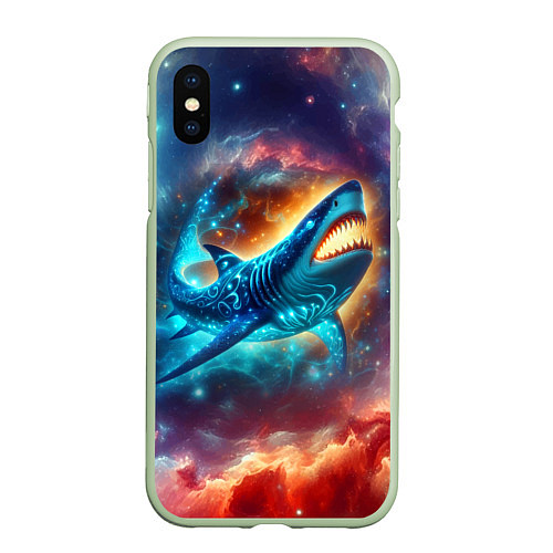 Чехол iPhone XS Max матовый Космическая неоновая акула - нейросеть / 3D-Салатовый – фото 1