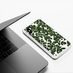 Чехол iPhone XS Max матовый Зеленые листочки на белом фоне, цвет: 3D-белый — фото 2
