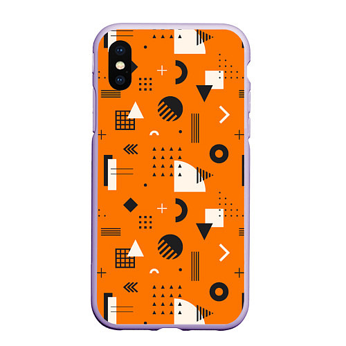 Чехол iPhone XS Max матовый Геометрия в стиле мемфис на оранжевом / 3D-Светло-сиреневый – фото 1