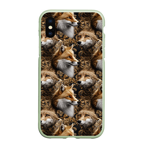 Чехол iPhone XS Max матовый Лакшери паттерн с золотыми лисицами / 3D-Салатовый – фото 1