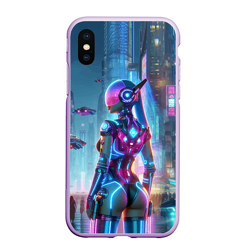 Чехол iPhone XS Max матовый Cyberpunk girl - neon glow ai art / 3D-Сиреневый – фото 1