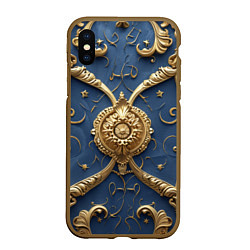 Чехол iPhone XS Max матовый Золотые узоры на синей ткани