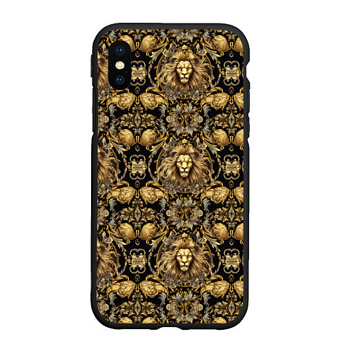 Чехол iPhone XS Max матовый Головы львов золотой паттерн / 3D-Черный – фото 1