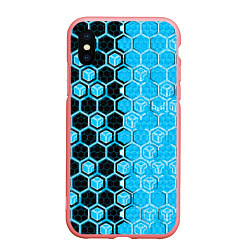 Чехол iPhone XS Max матовый Техно-киберпанк шестиугольники голубой и чёрный