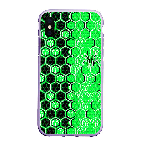 Чехол iPhone XS Max матовый Техно-киберпанк шестиугольники зелёный и чёрный с / 3D-Светло-сиреневый – фото 1