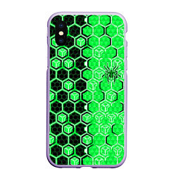 Чехол iPhone XS Max матовый Техно-киберпанк шестиугольники зелёный и чёрный с