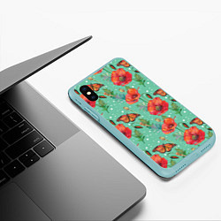 Чехол iPhone XS Max матовый Красные маки и бабочка монарх, цвет: 3D-мятный — фото 2