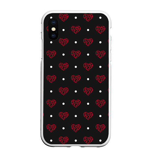 Чехол iPhone XS Max матовый Красные сердечки и белые точки на черном / 3D-Белый – фото 1