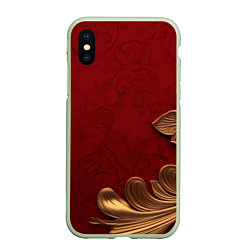 Чехол iPhone XS Max матовый Объемный золотой лист на красном текстурном фоне