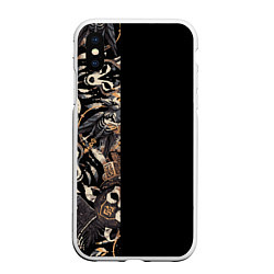 Чехол iPhone XS Max матовый System of a down на фоне масок черепов животных, цвет: 3D-белый