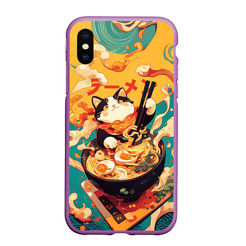 Чехол iPhone XS Max матовый The cat eats ramen / 3D-Фиолетовый – фото 1