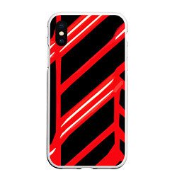 Чехол iPhone XS Max матовый Чёрно-белые полосы на красном фоне, цвет: 3D-белый