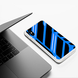 Чехол iPhone XS Max матовый Black and white stripes on a blue background, цвет: 3D-белый — фото 2