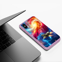 Чехол iPhone XS Max матовый Космолёт в неоновом космосе, цвет: 3D-сиреневый — фото 2