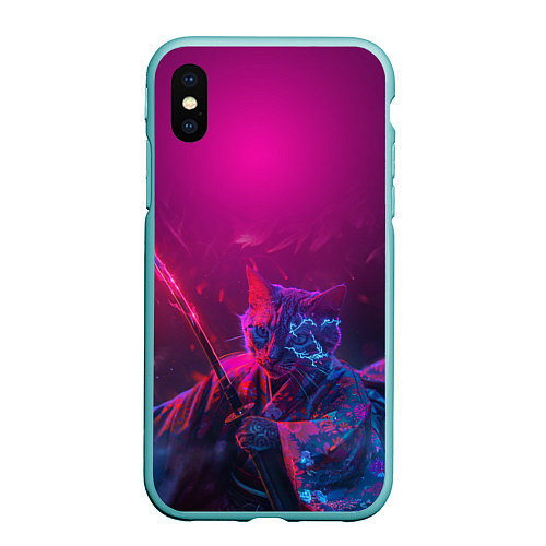 Чехол iPhone XS Max матовый Кот самурай с катаной киберпанк / 3D-Мятный – фото 1