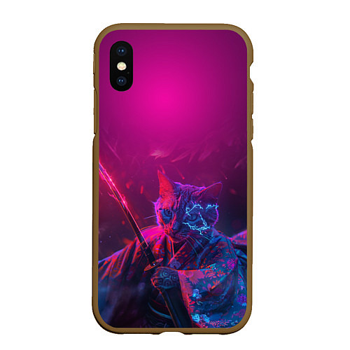 Чехол iPhone XS Max матовый Кот самурай с катаной киберпанк / 3D-Коричневый – фото 1