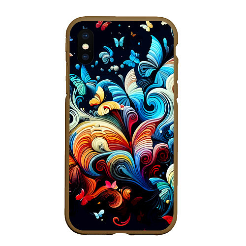 Чехол iPhone XS Max матовый Бабочки и цветы в ночи - фантазия / 3D-Коричневый – фото 1