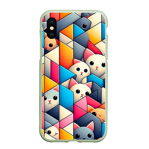 Чехол iPhone XS Max матовый Geometric pattern with kittens - ai art / 3D-Салатовый – фото 1