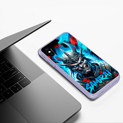 Чехол iPhone XS Max матовый Самурай синий неоновый демон со светящимися глазам, цвет: 3D-светло-сиреневый — фото 2