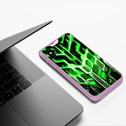 Чехол iPhone XS Max матовый Абстрактные зелёные линии на чёрном фоне, цвет: 3D-сиреневый — фото 2