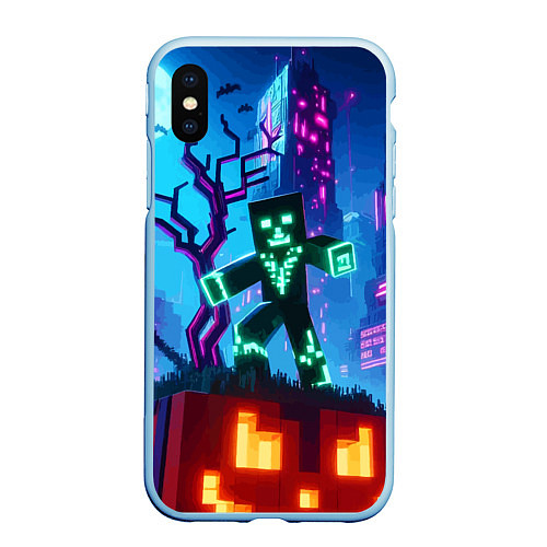 Чехол iPhone XS Max матовый Minecraft and halloween - neon glow / 3D-Голубой – фото 1