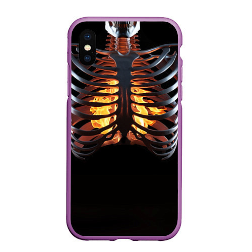 Чехол iPhone XS Max матовый Огонь в груди скелета - костюм на хэллоуин / 3D-Фиолетовый – фото 1