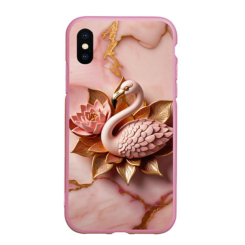 Чехол iPhone XS Max матовый Розовый мраморный фламинго и лотос / 3D-Розовый – фото 1