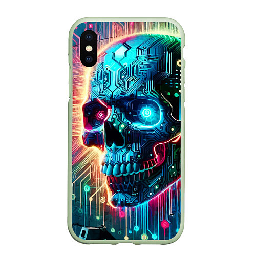 Чехол iPhone XS Max матовый Cool cyber skull - neon glow / 3D-Салатовый – фото 1