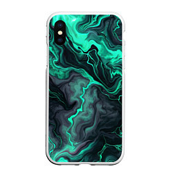 Чехол iPhone XS Max матовый Бирюзовый мрамор на черном фоне, цвет: 3D-белый