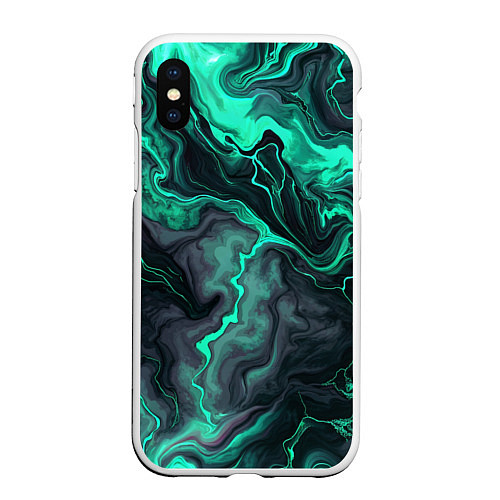 Чехол iPhone XS Max матовый Бирюзовый мрамор на черном фоне / 3D-Белый – фото 1