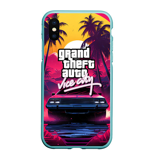 Чехол iPhone XS Max матовый Grand Theft Auto VI - автомобиль на закате / 3D-Мятный – фото 1