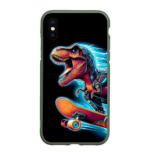 Чехол iPhone XS Max матовый Cool Dino on a skateboard - neon glow fantasy / 3D-Темно-зеленый – фото 1