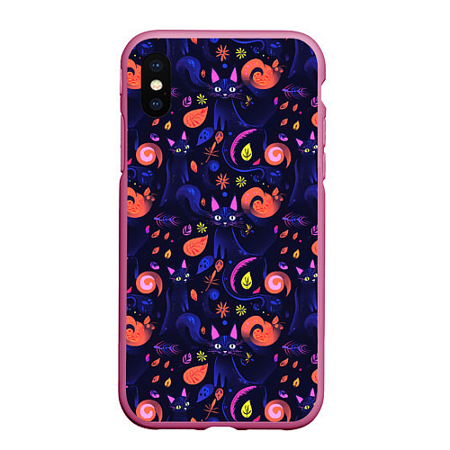 Чехол iPhone XS Max матовый Черные кошки - паттерн / 3D-Малиновый – фото 1